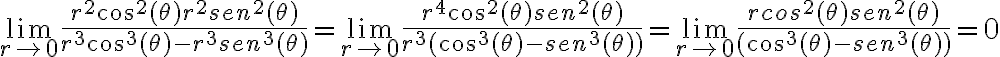  \lim_{r \to 0} \frac{r^2cos^2( \theta )r^2sen^2( \theta )}{r^3cos^3( \theta )-r^3sen^3( \theta )} =
 \lim_{r \to 0} \frac{r^4cos^2( \theta )sen^2( \theta )}{r^3(cos^3( \theta )-sen^3( \theta ))} = 
 \lim_{r \to 0} \frac{rcos^2( \theta )sen^2( \theta )}{(cos^3( \theta )-sen^3( \theta ))} =0
 