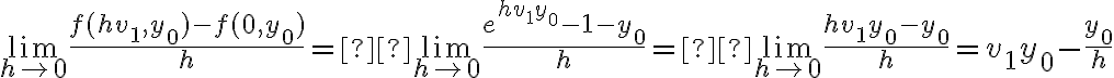 \lim_{h \to 0} \frac{f(hv_1, y_0)-f(0,y_0)}{h}= \lim_{h \to 0} \frac{e^{hv_1 y_0} - 1 - y_0}{h} = \lim_{h \to 0} \frac{hv_1 y_0 - y_0}{h} = v_1 y_0 - \frac{y_0}{h}