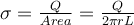  \sigma=\frac{Q}{Area}=\frac{Q}{2\pi r L} 