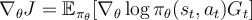   \nabla_{\theta} J = \mathbb{E}_{{\pi_{\theta}}}[\nabla_{\theta}\log \pi_{\theta}(s_t,a_t) G_t]  