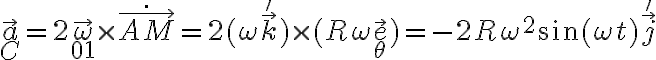 \vec a_{C} = 2 \vec \omega_{01} \times \dot {\vec {AM}} = 2 (\omega \vec k') \times (R \omega \vec e_\theta) = - 2 R \omega^2 \sin (\omega t) \vec j'