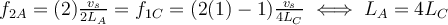  f_{2A} = (2) \frac{v_s}{2L_A} = f_{1C}= (2(1)-1)\frac{v_s}{4L_C} \iff L_A = 4L_C 