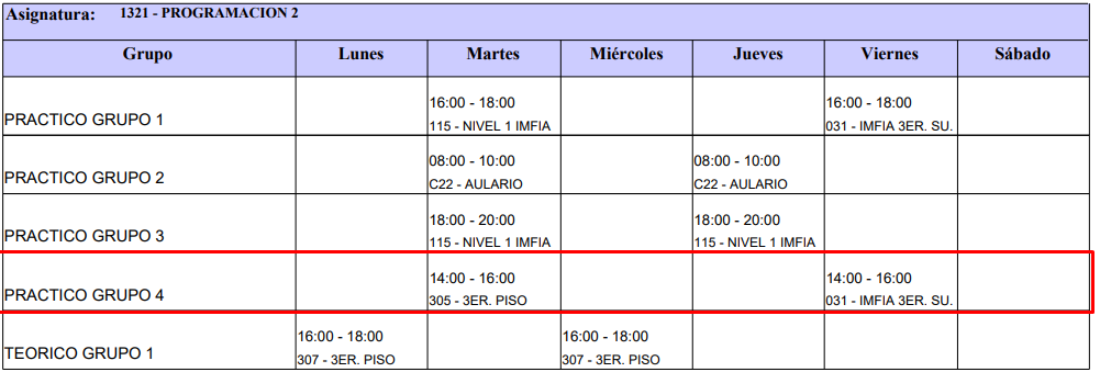 Horarios bedelía