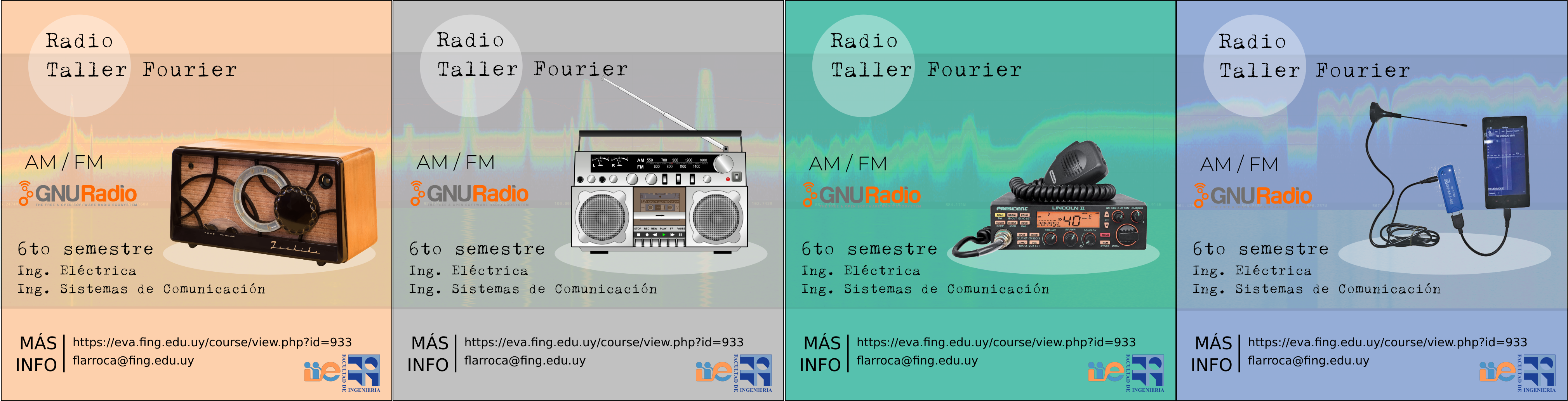 Poster de la asignatura. Dice el nombre, AM/FM, GNU Radio, 6º semestre (ingeniería eléctrica y sistemas de comunicación). 