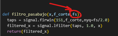 Parámetro "fs" remarcado en un filtro pasa bajos, al lado de "x" y "f_corte".